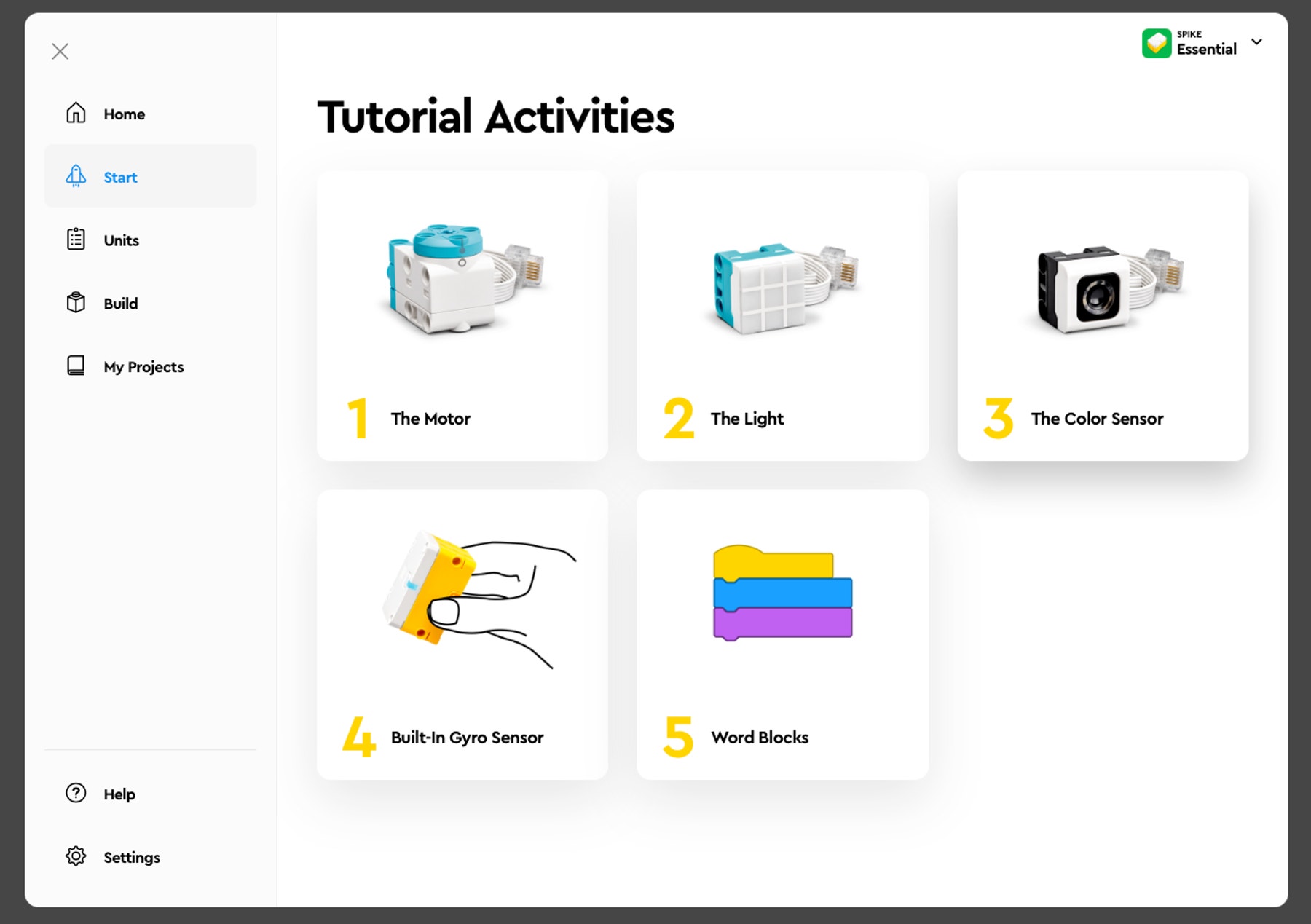 Introductory motor & sensor tutorials found in the LEGO® Education SPIKE™ Essential App.