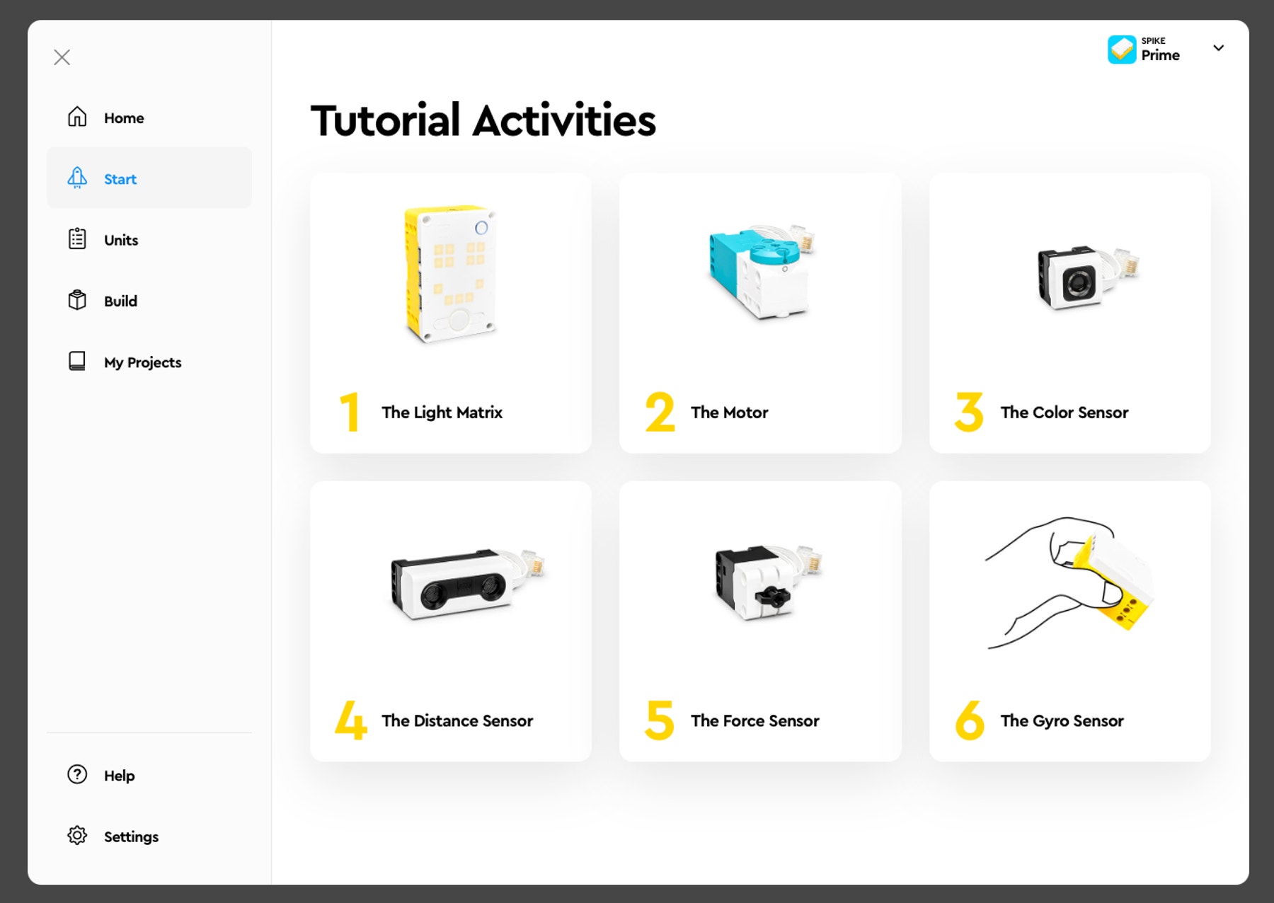 Introductory motor & sensor tutorials found in the LEGO® Education SPIKE™ Prime App.